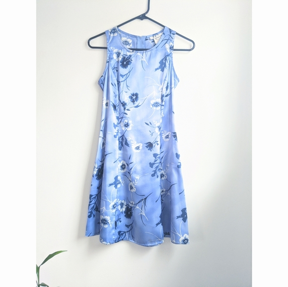 Vintage Dresses & Skirts - Vintage 90s Blue Satin Floral Mini Skater Dress